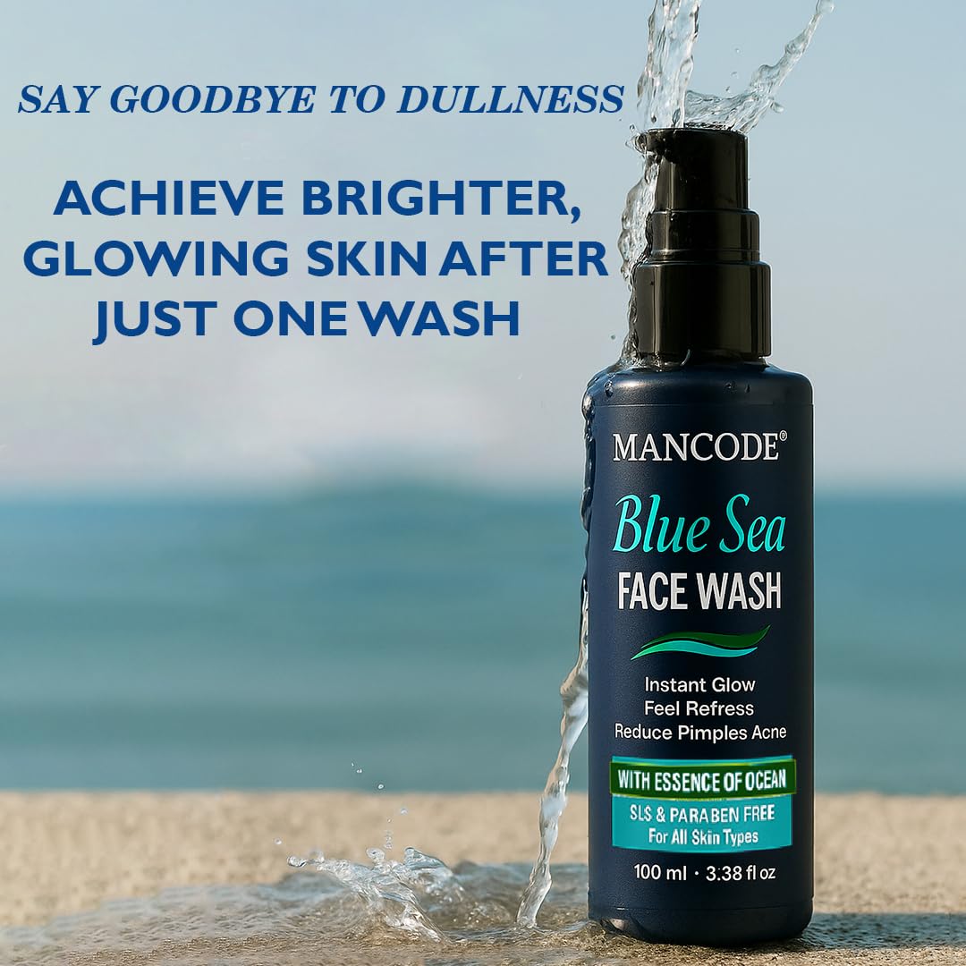 Mancode Blue Sea Face Wash-100ml | Instant Glow & Refreshing Feel | Reduces Pimples & Acne | Enriched with Ocean Essence | Paraben-Free, Gentle Formula for All Skin Types | Deep Cleansing