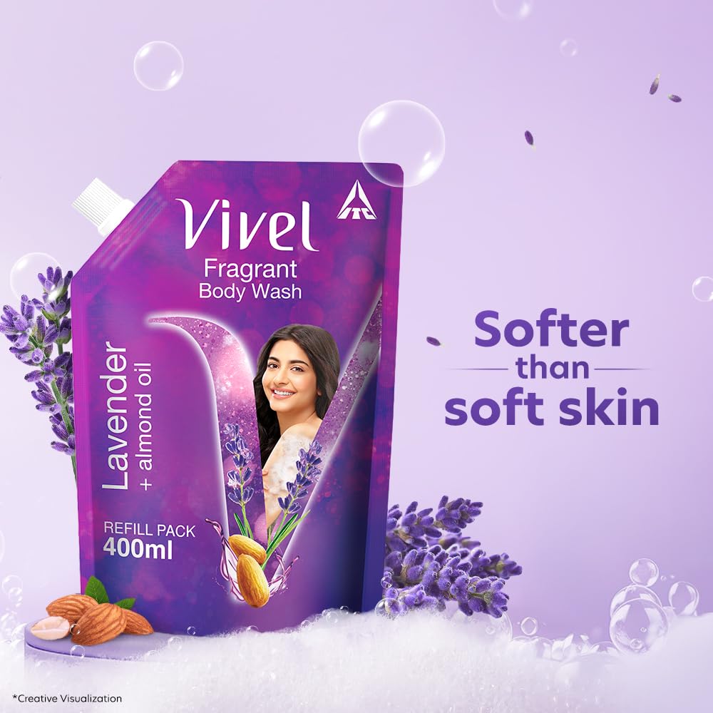 Vivel Fragrant Body Wash, Lavender & Almond Oil Shower Gel, 400 ml Supersaver Refill Pouch, Moisturizing Bodywash, Soft & Smooth Skin, Effective Cleansing, For Women & Men (Pack of 2)