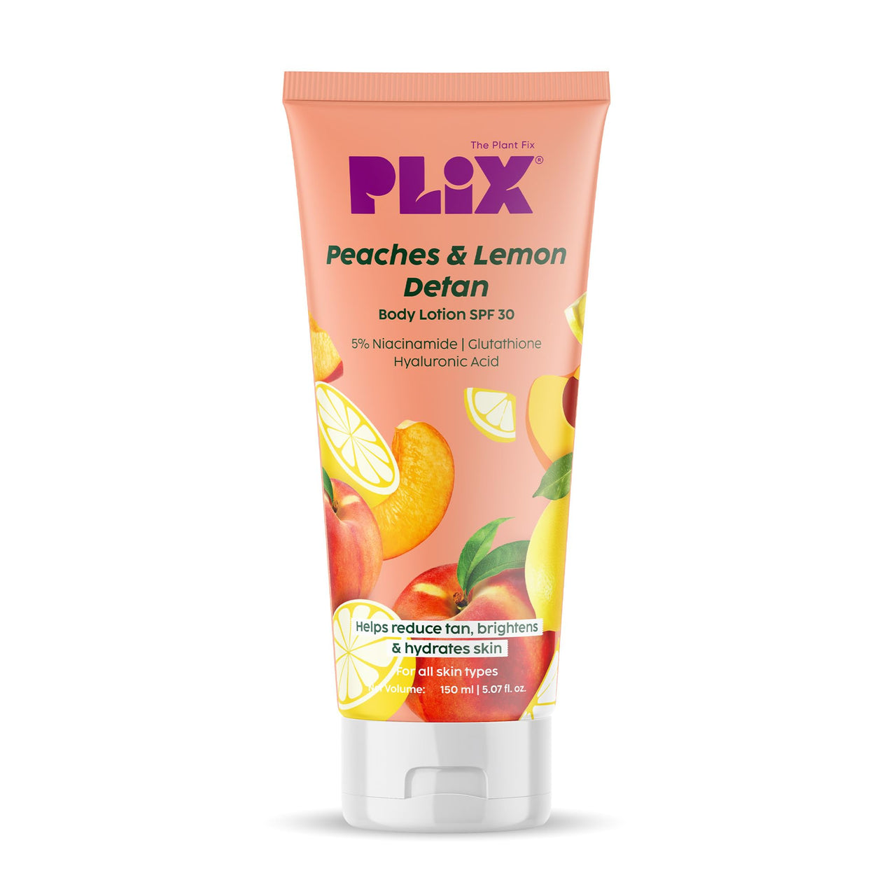 PLIX THE PLANT FIX Peaches & Lemon Detan Body Lotion with 5% Niacinamide | 150ml | Reduce Tan, Brighten & Hydrate Skin | Non - Sticky | For Men & Women | Paraben Free
