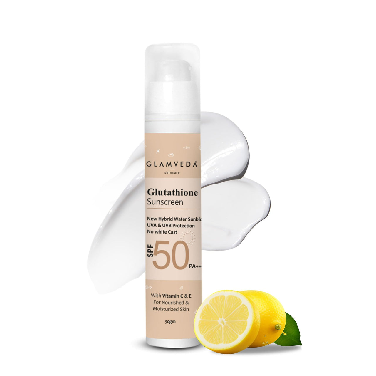 Glamveda Glutathione & Vitamin C Sunscreen SPF 50 Pa+++| Broad-spectrum Sunscreen with Advanced Blue Light Filter | UVA/UVB Protection | No White Cast, Water resistant & Non Sticky | 50gm