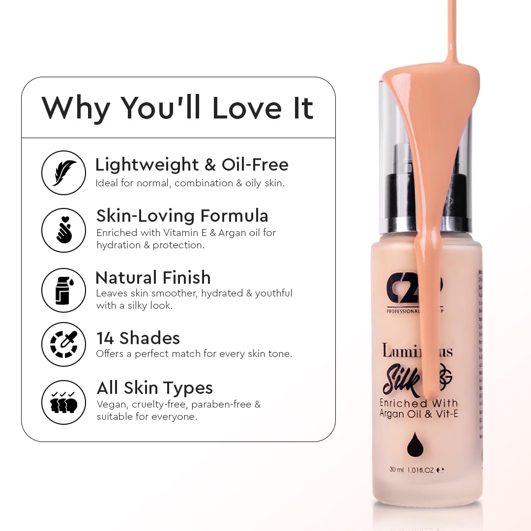 C2P Pro Luminous Silk Liquid Foundation For Women Face Makeup LIGHT 03, 30 ml | High Coverage For Dry Oily Combination Natural Glowing Skin | Waterproof Long Lasting | Argan Oil & Vitamin E