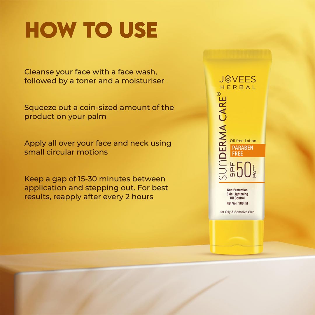 Jovees Herbal Sun Derma Care Lotion SPF 50 PA+++ Broad Spectrum, UVA/UVB Protection | Oil Free, Quick Absorption & Lightweight | For oily and sensitive skin 100ml