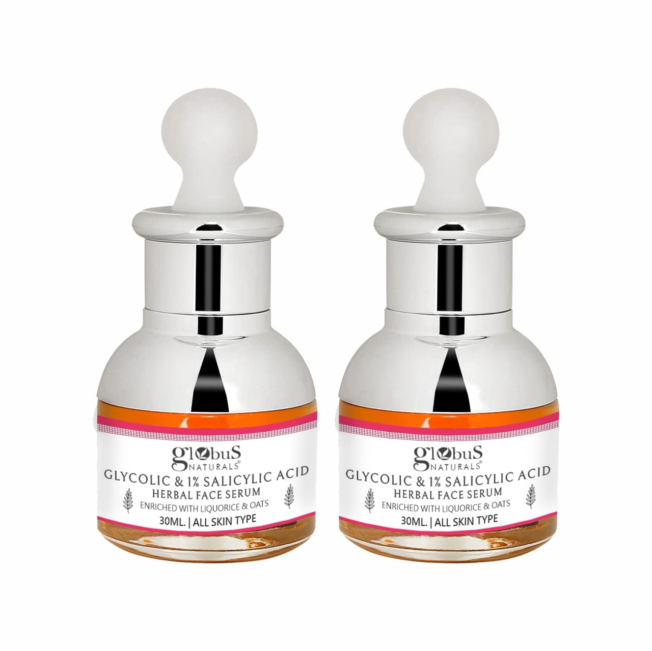 Globus Naturals Glycolic & 1% Salicylic Acid Anti Acne Face Serum, For Oily & Acne Prone Skin, Natural & Ayurvedic Formula, Chemical Free, Cruelty Free, 30 ml, Pack of 2