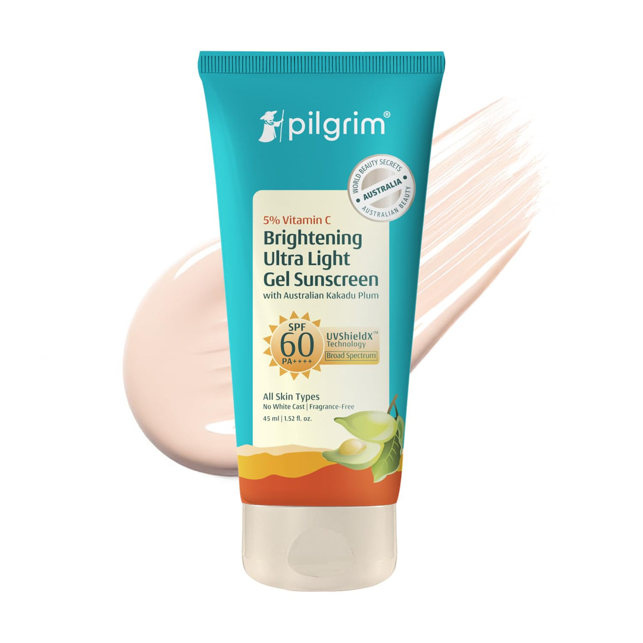 Pilgrim 5% Vitamin C Brightening Ultra Light Gel Sunscreen SPF 60 Pa++++| No White Cast | Fights Tanning & Sun Damage, Brightens Skin | Lightweight & Non-Greasy | All Skin Types | Women and Men | 45ml