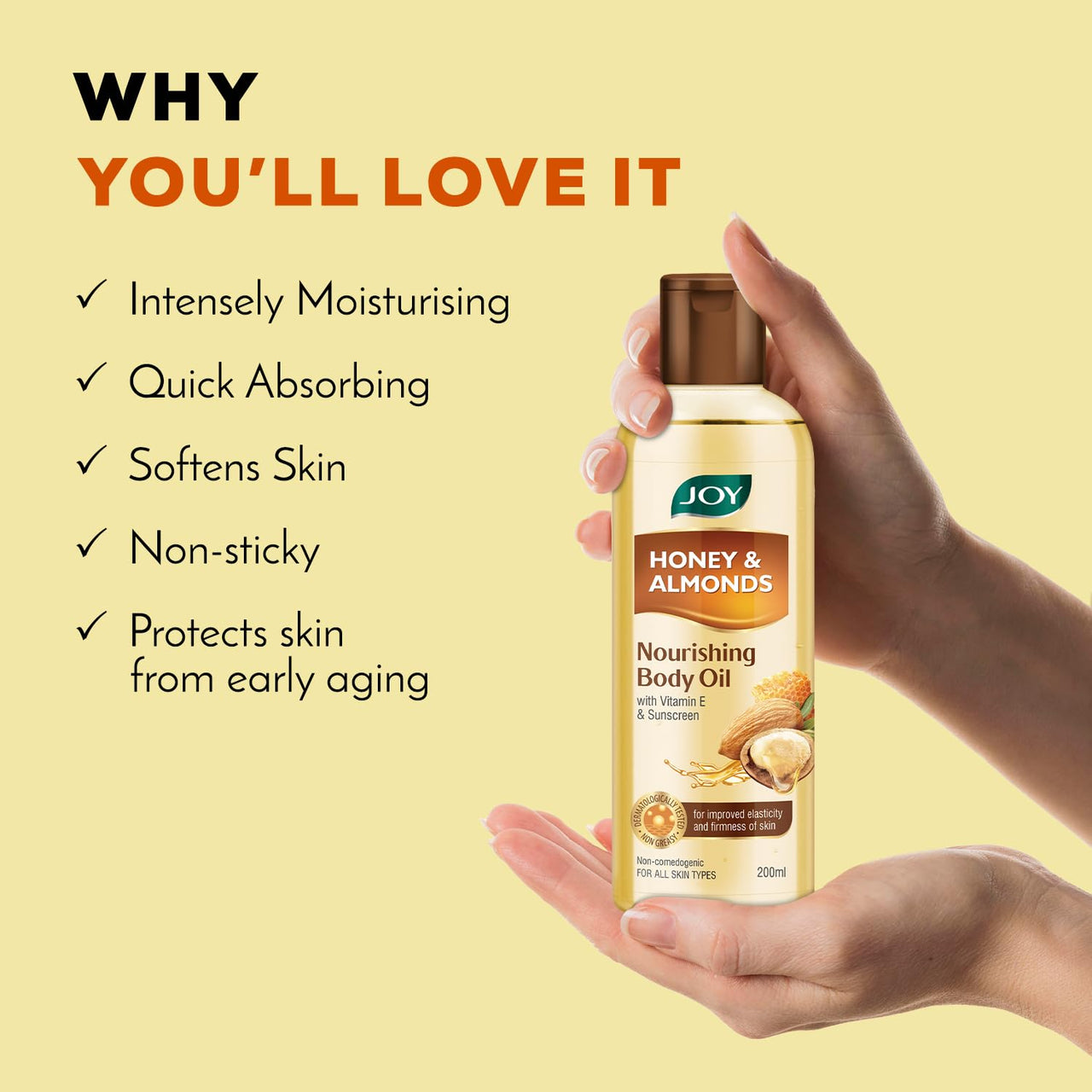 Joy Honey & Almonds Body Oil – After-Bath Daily-Use Badam Massage Oil with Vitamin E & Sunscreen | Full-Body Relaxation, Dry-Skin & Summer Moisture | 200 ml