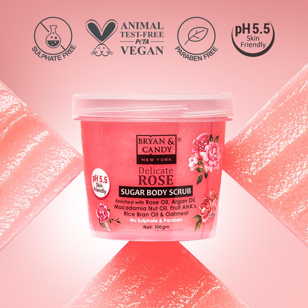 Bryan & Candy Sugar Body Scrub PH 5.5 For Tan Removal & Exfoliation | For Women & Men | 250g (Delicate Rose)
