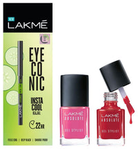 Lakmé Absolute Gel Stylist Nail Color, Scarlet Red, 12 ml & Lakme Eyeconic Insta Cool Kajal|| Black|| 0.35 g & Lakmé Absolute Gel Stylist Nail Color|| Pink Date|| 12ml