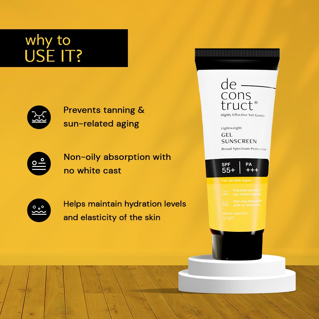 Deconstruct Face Gel Sunscreen SPF 50 + and PA+++ | Gel based sunscreen for oily, combination skin, normal skin | Broad spectrum sunscreen, No White Cast, Lightweight, Non greasy - 50g