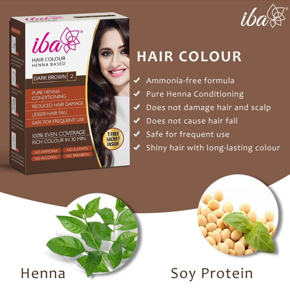 Iba Hair Colour for Women - Dark Brown, 70g (Pack of 2) | 100% Pure Henna Based Powder Sachet | Natural Hair Colour & Long Lasting with Conditioning Formula| Reduced Hair Fall & Hair Damage | Shine & Nourish Hair | Free from Ammonia and Other Harmful Chem