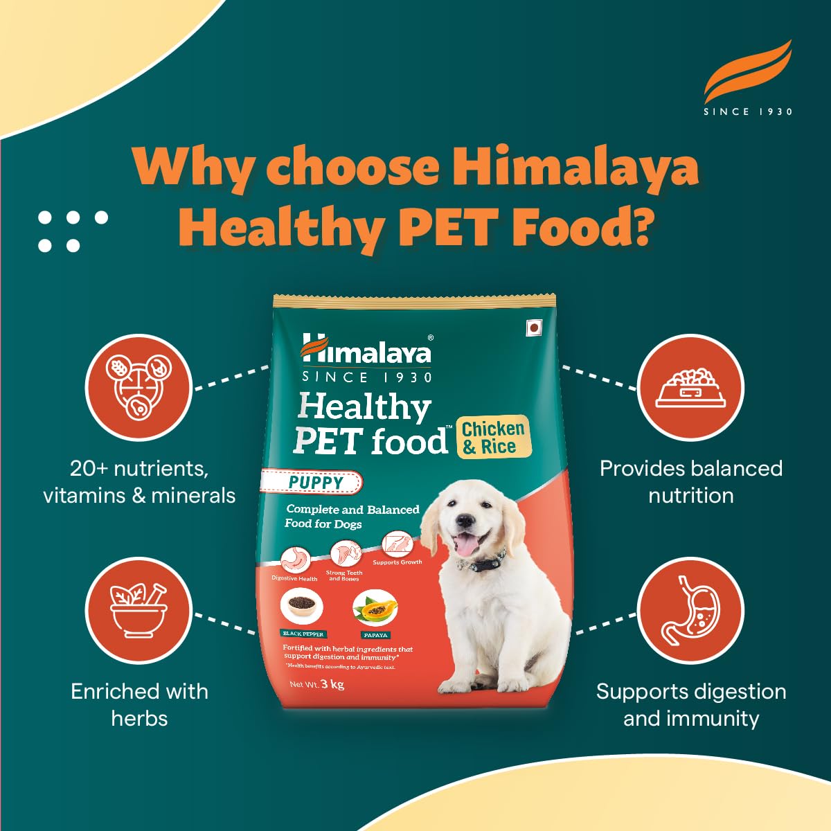 Himalaya Healthy Puppy Dry Dog Food | Chicken & Rice| Contains 20+ Nutrients, Vitamins, Minerals for Complete and Balanced Food | 1.2Kg