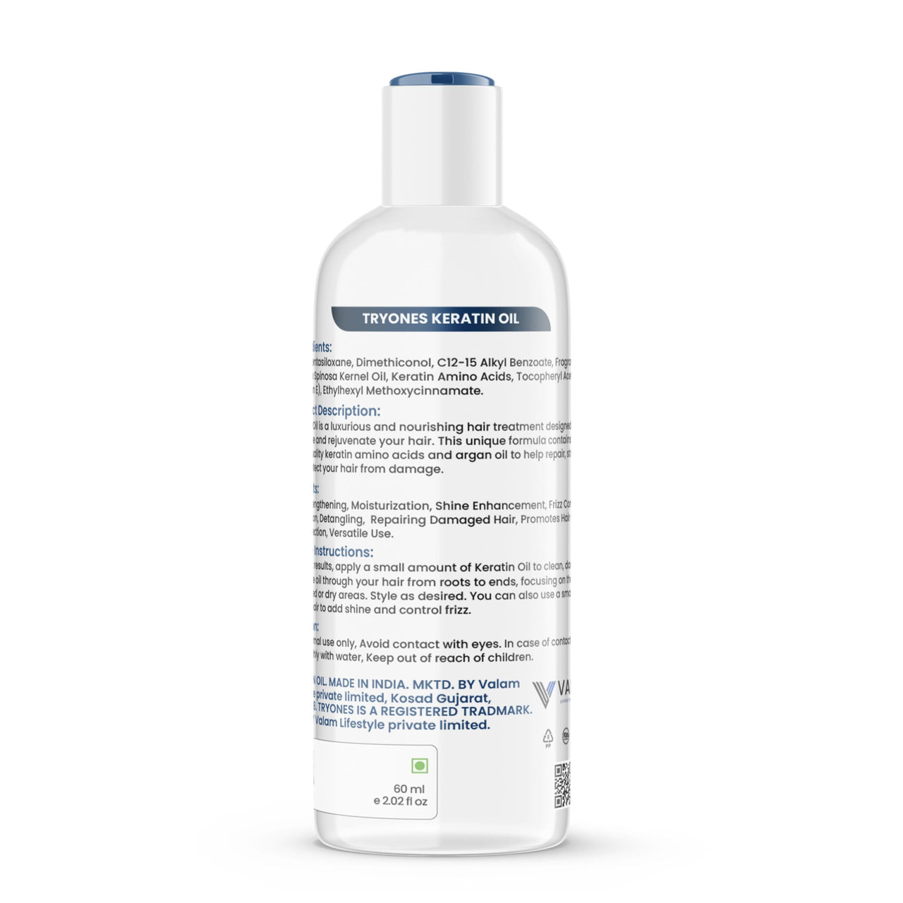 TryOnes Hair Keratin Oil || Professional Hair Keratin || Oil for Men & Women ||Deep Smoothening With Nourishes Dry Hair and Controls Frizz Hair || Protects coloured hair 60 ml