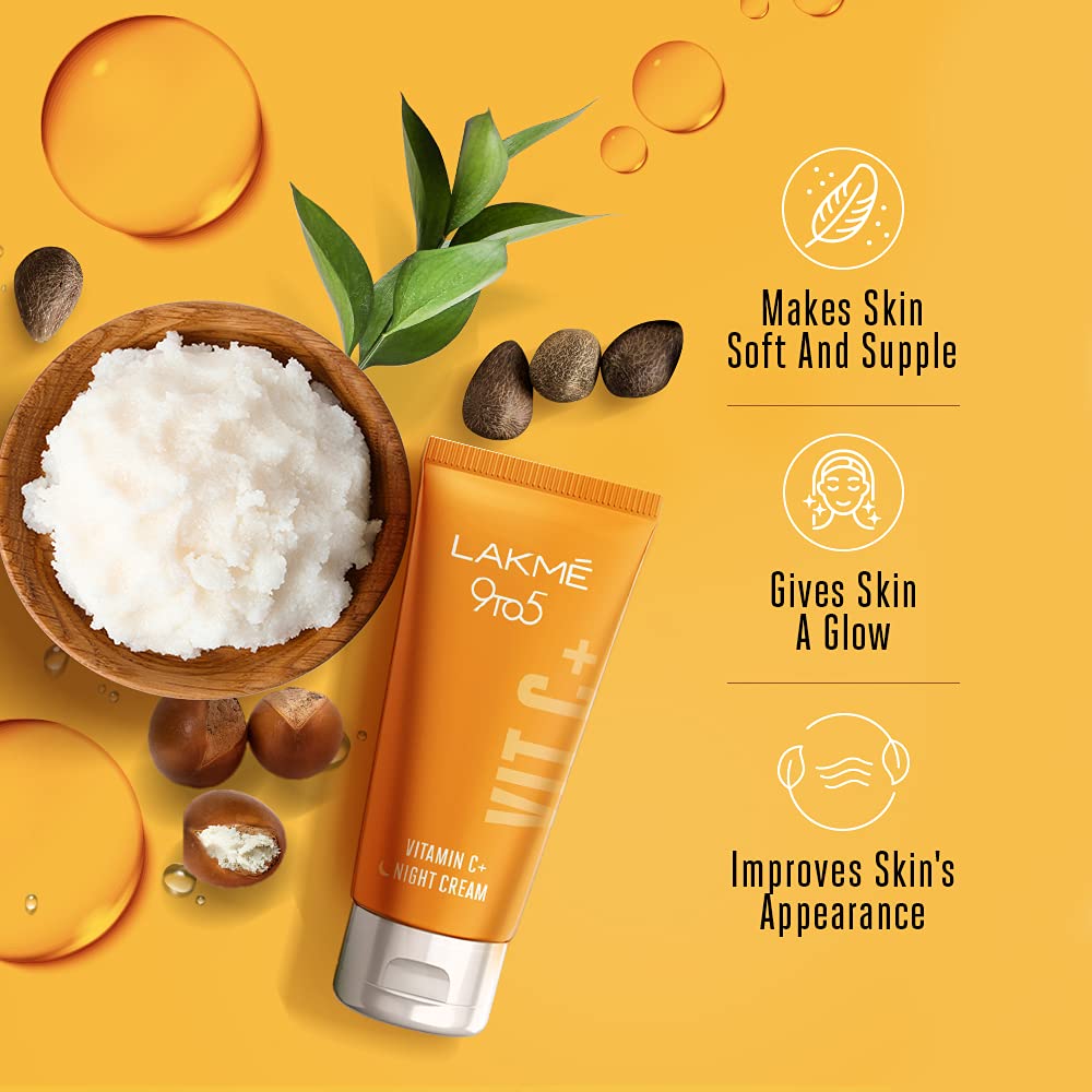 Lakmé 9To5 Vitamin C+ Night Cream for All Skin types with 98% Pure Vitamin C complex, to reduce Skin dullness and Glowing Skin, 50g & Lakmé Sun Expert SPF 50 PA+++ Light Weight Gel Sunscreen, 50 g
