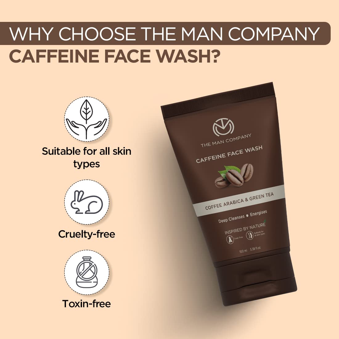 The Man Company Coffee Face Wash for Deep Cleansing & Oil Control - 100ml | Tan Removal with Coffee Arabica & Green Tea Extracts | Soothes Skin