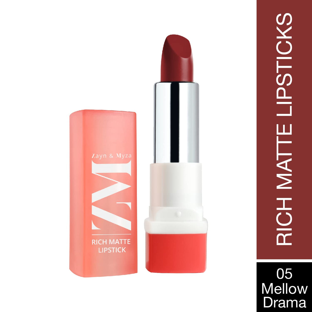 ZM Zayn & Myza Rich Matte Lipstick, Smooth and Light Weight, Intense Color in one Swipe, High Pigmentation Bullet Lip Stick Enriched with Argan oil, Murumuru and Shea Butter, 4.2 g (Mellow Drama)