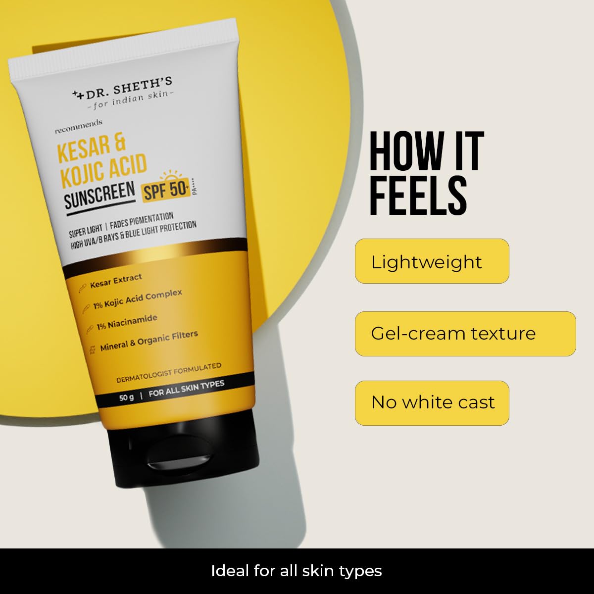 Dr. Sheth's Kesar & Kojic Acid Sunscreen with SPF 50 Pa++++ | For Pigmentation-Free Skin | No White Cast & Light Weight | For Daily Moisturization | For All Skin Types | 50 g