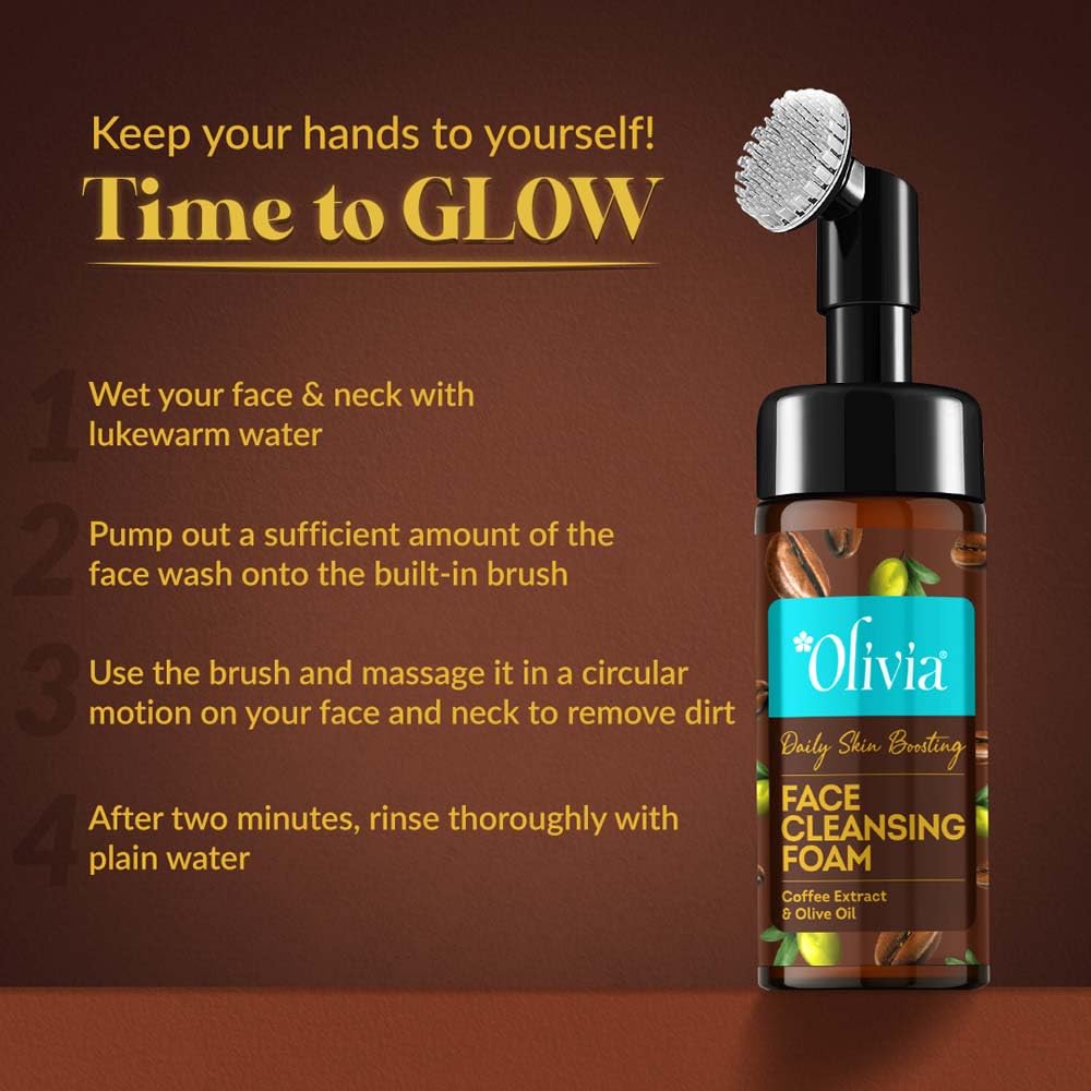 Olivia Daily Skin Boosting Face Cleansing Foam, Built In Brush Face Wash For Deep Cleansing, Massage, Exfoliate, Glowing Bright Skin With Coffee Extract & Olive Oil - 150Ml