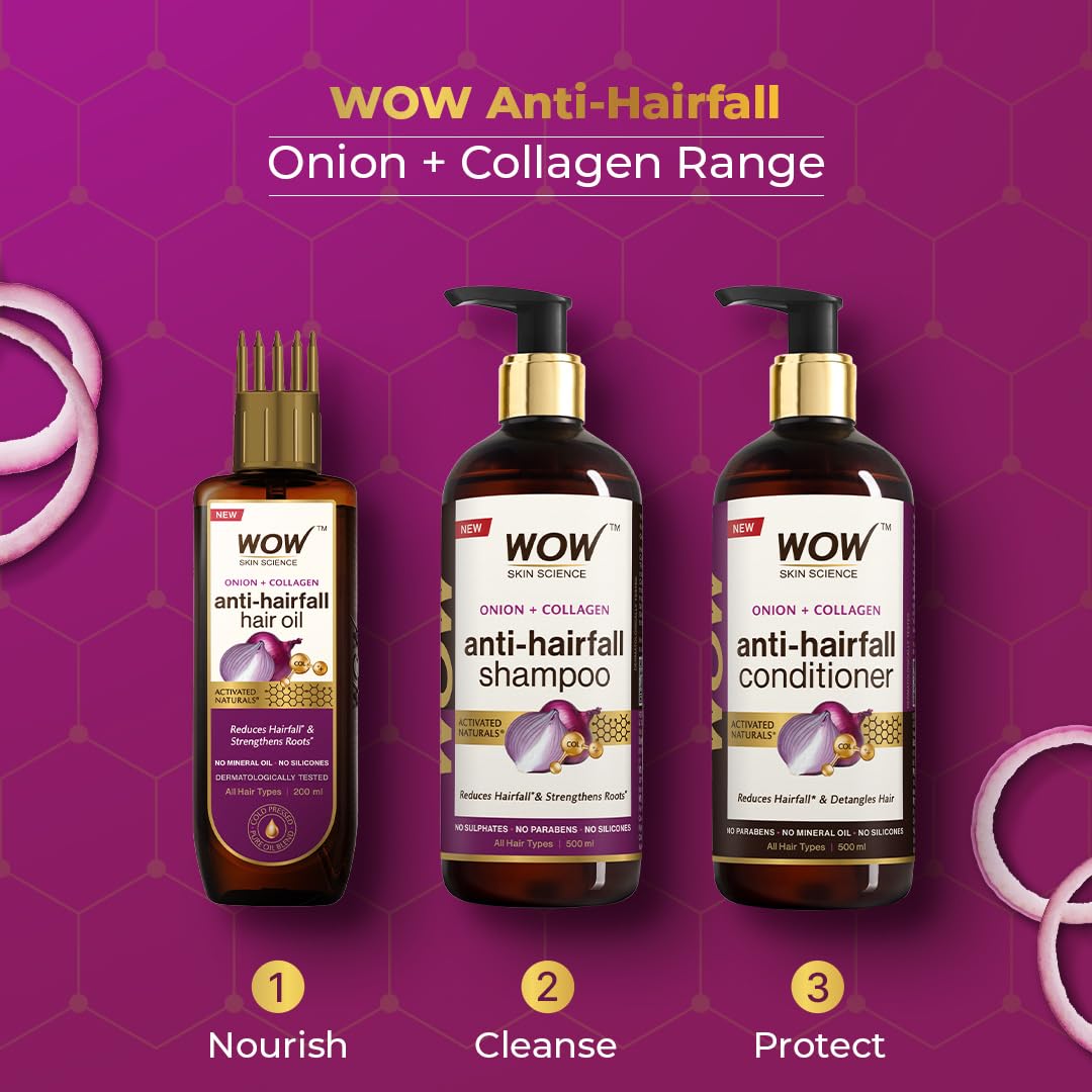 WOW Skin Science Onion & Collagen Anti-Hairfall Shampoo|Reduces Hairfall|Strengthens Roots|Nourishes Scalp|Prevents Breakage|Enhances Hair Thickness and Shine|New & Improved Formulation|500ml