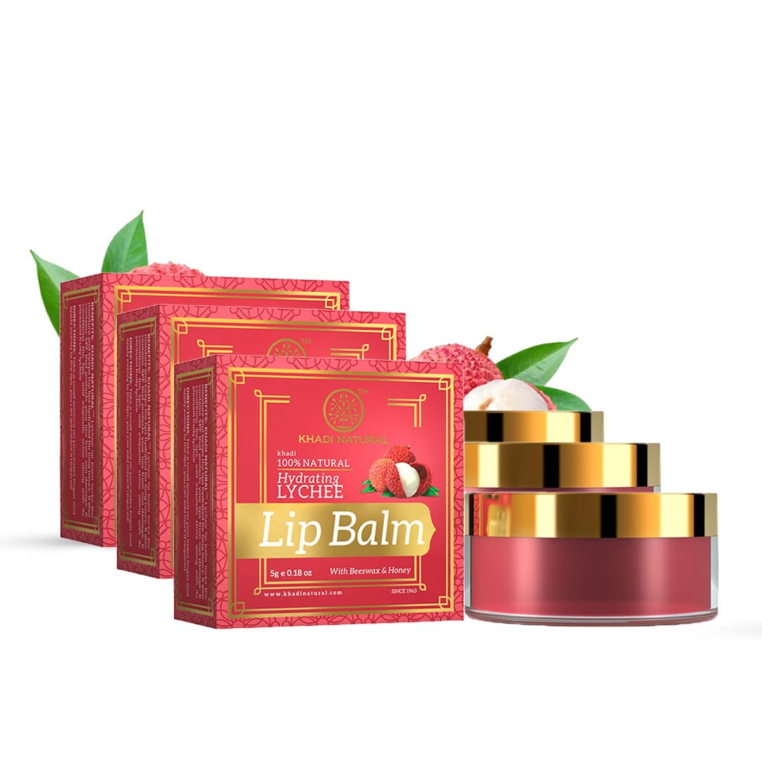Khadi Natural Lychee Lip Balm With Beeswax & Shea Butter|For Soft & Hydrated Lips|Herbal Lip Balm For Chapped Lips|Free From Harsh Chemicals | Unisex | Pack Of 3 | (5*3) (15 Gm), Transparent