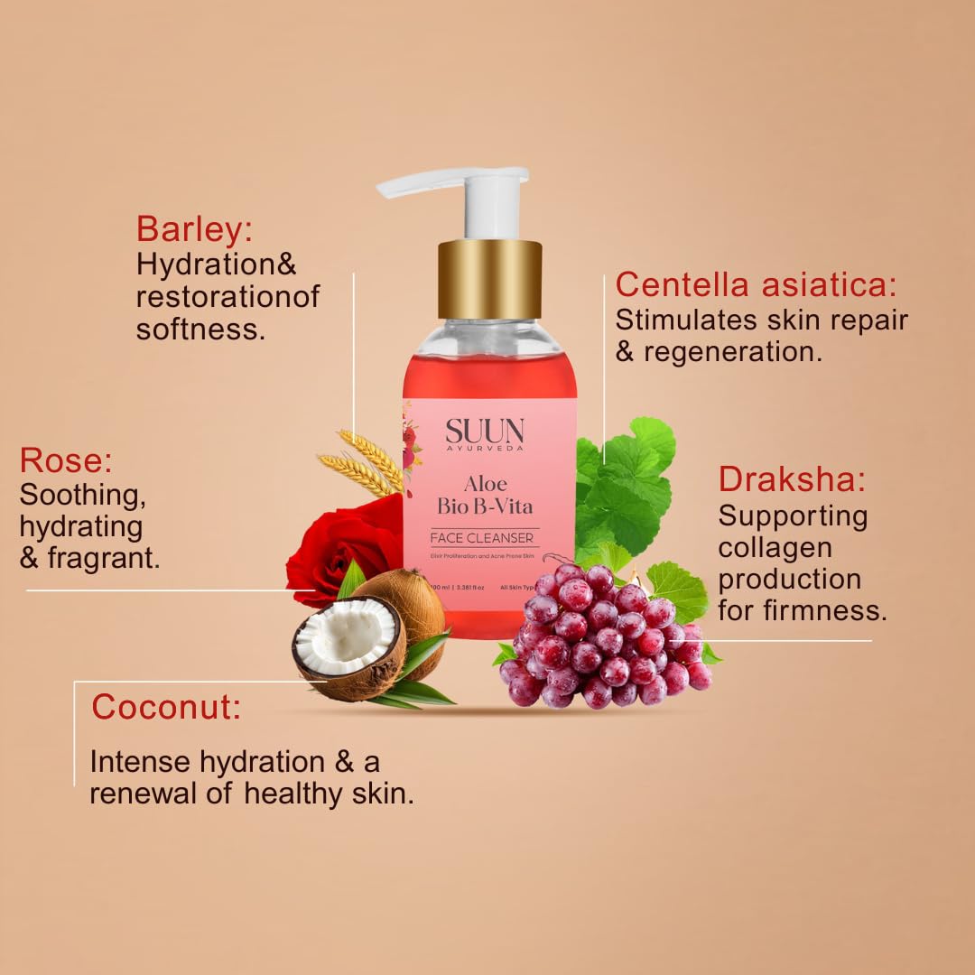Suun Ayurveda Aloe Vera & Vitamin B12 Face Wash - Brightening & Glow Boosting Gel Cleanser with Niacinamide, Centella & Oat Extract - Reduces Pigmentation, Non-Drying Formula for All Skin Types - 100ml