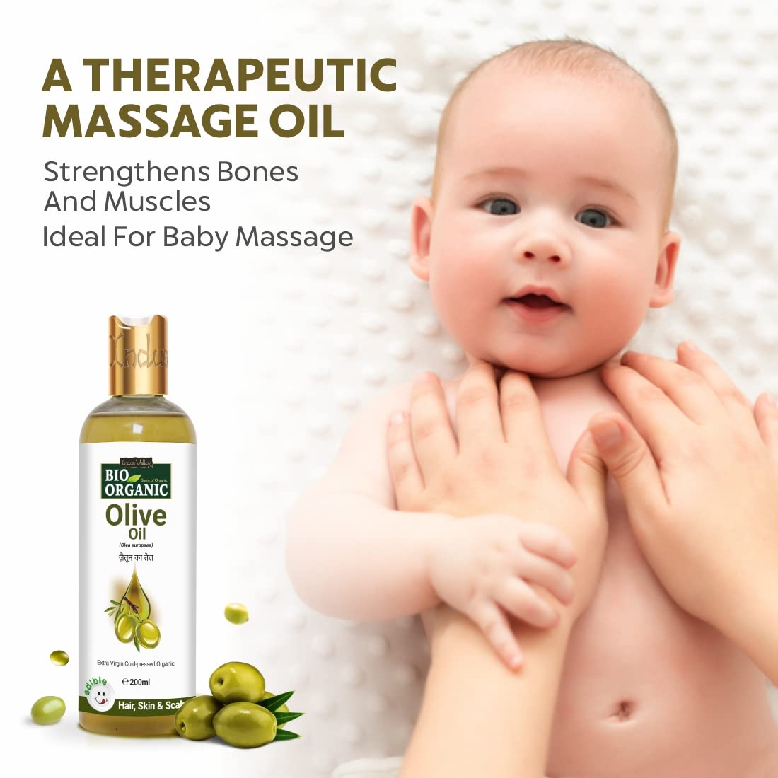 Indus Valley Bio Organic Pure Extra Virgin Olive 100% Organic and Cold-press, Massage Oil for Skin & Hair Care - (200ml)