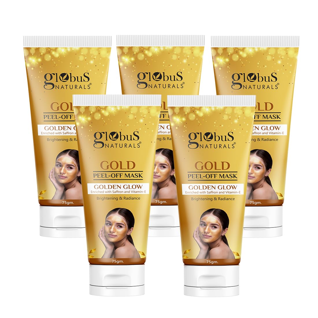 Globus Naturals Gold Peel Off Mask For Golden Glow, Enriched with Saffron & Vitamin-E, Brightening & Radiance, Suitable For All Skin Types, 75 g (Pack of 5)