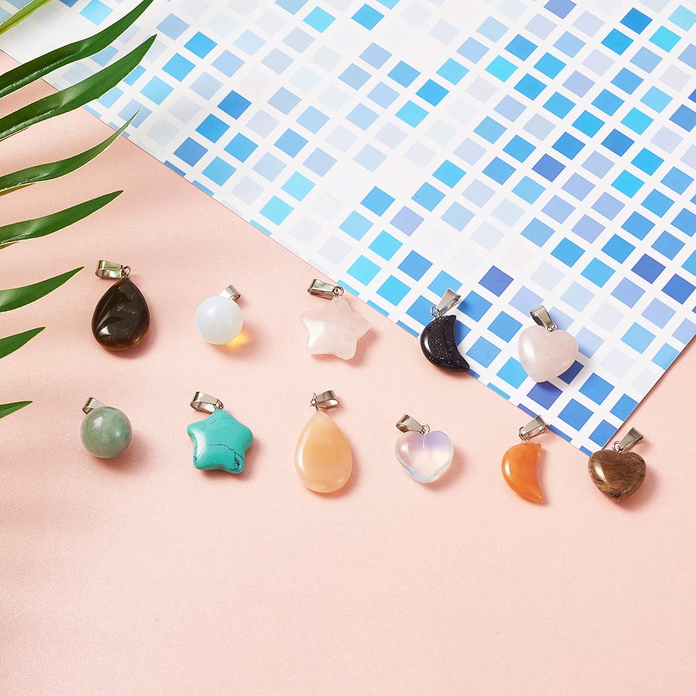 FASHEWELRY 30Pcs Mixed Stone Pendants Heart Moon Teardrop Round Healing Crystal Quartz Chakra Bead Charms for Necklace for Jewelry Making Hole: 2x7mm 1-Mixed Color-Mixed Shape