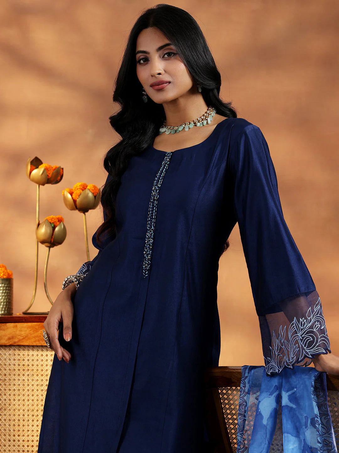 Blue Yoke Design Silk Blend Straight Suit with Dupatta