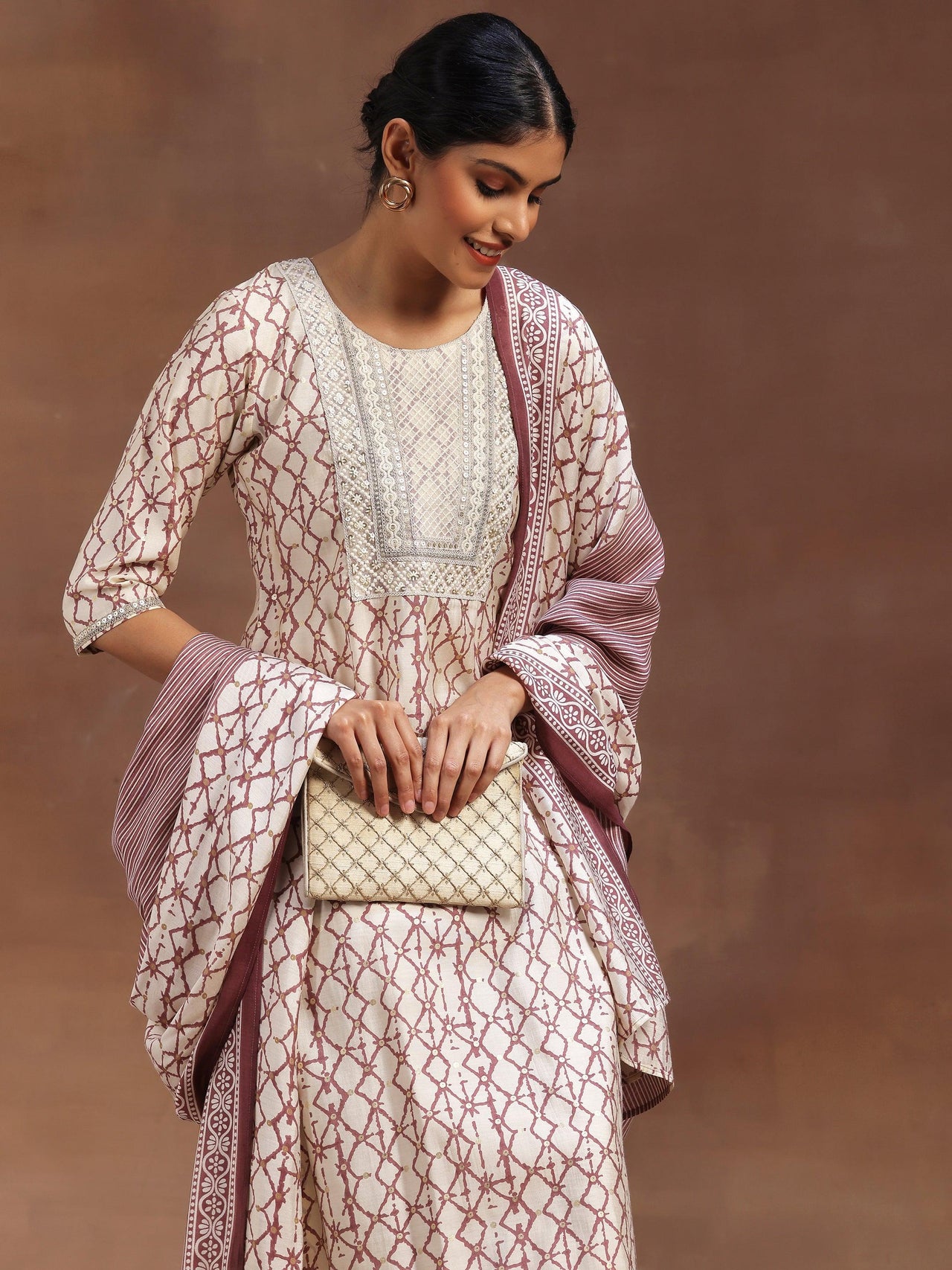Off White Printed Silk Blend Straight Suit with Dupatta