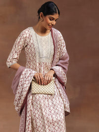 Off White Printed Silk Blend Straight Suit with Dupatta
