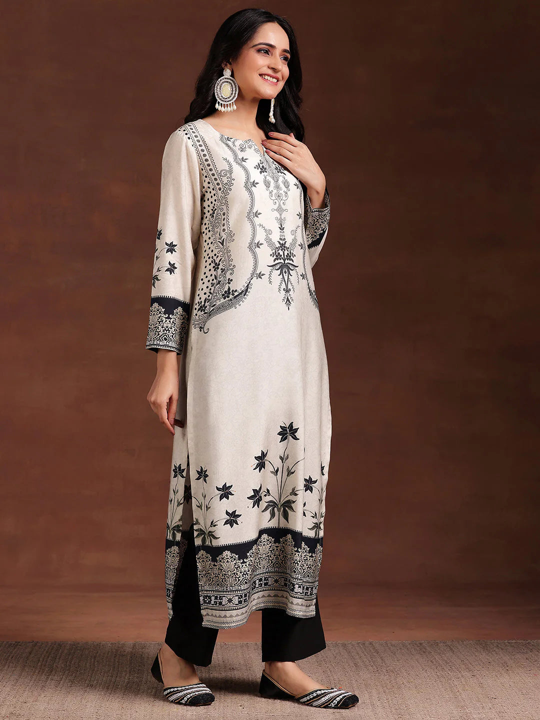 Monochrome Printed Silk Blend Straight Suit with Dupatta