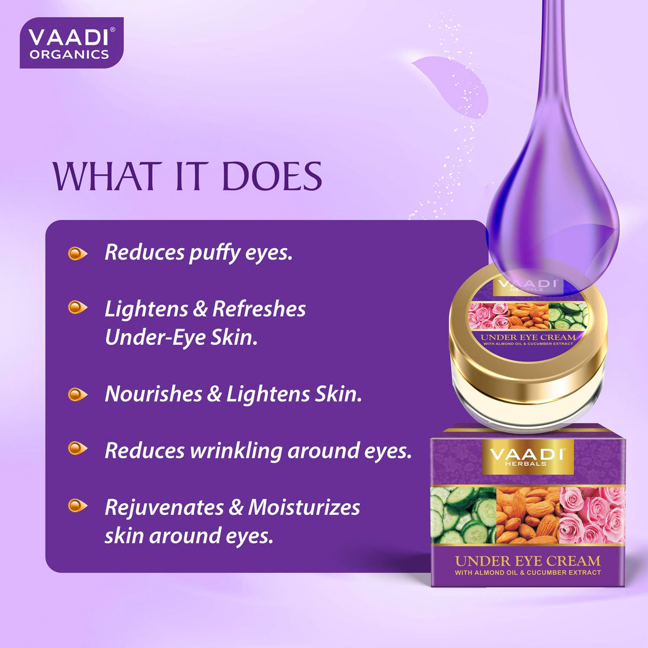Vaadi Herbals Under Eye Cream, Almond Oil and Cucumber Extract, 30g x 3