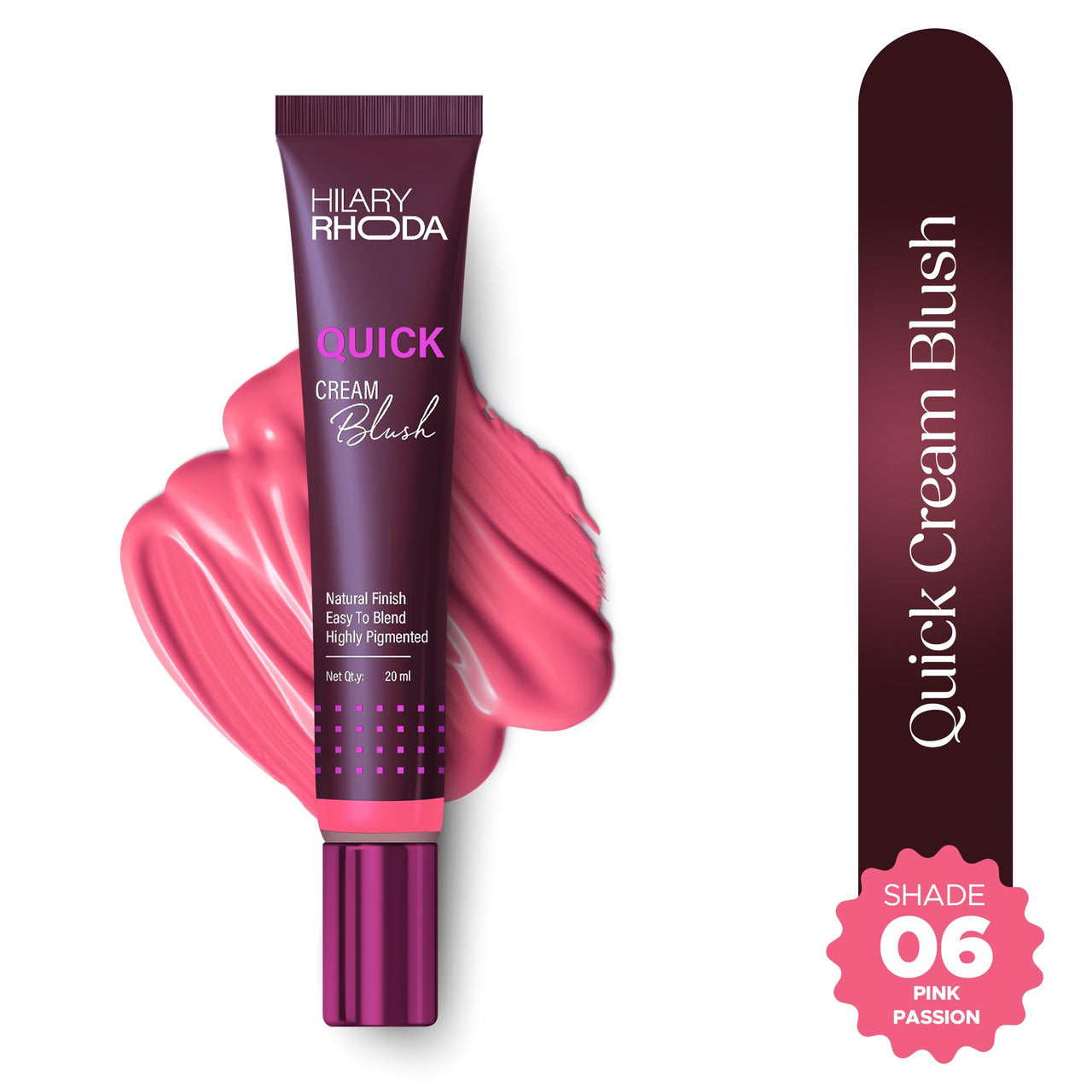 Hilary Rhoda Quick Cream Blush | Highly Pigmented & Dewy Finish | Long-Lasting | Buildable Coverage | Weightless & Easy to Apply | Cream Blush | 20ml (Pink Passion - Shade 06)