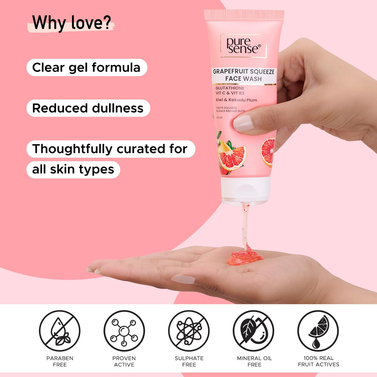 PureSense Grapefruit Squeeze Face Wash with Glutathione + Vitamin C and Vitamin B3 | Kiwi & Kakadu Plum | Fights dullness and Reveals Radiant Glow | For Men & Women - 100ml