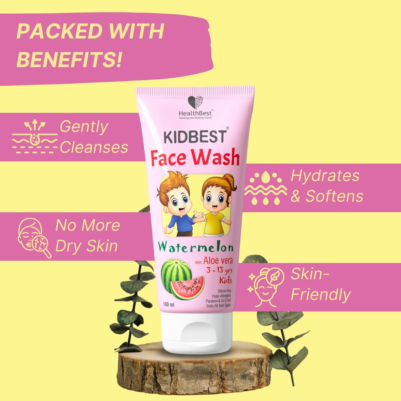 HealthBest Kids Multivitamin Face Wash - Natural, Non-Toxic 100ml, Organic Watermelon for Normal, Gentle Sensitive & Dry Skin Types | Tear, Paraben, SLS Free, Pack of 1