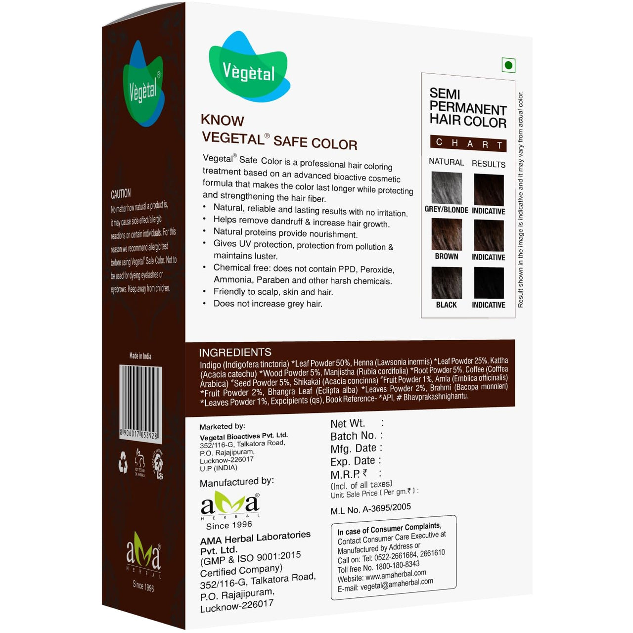Vegetal Safe Hair Color - Dark Brown 50gm - Certified Organic Chemical and Allergy Free Bio Natural Hair Color with No Ammonia Formula for Men & Women
