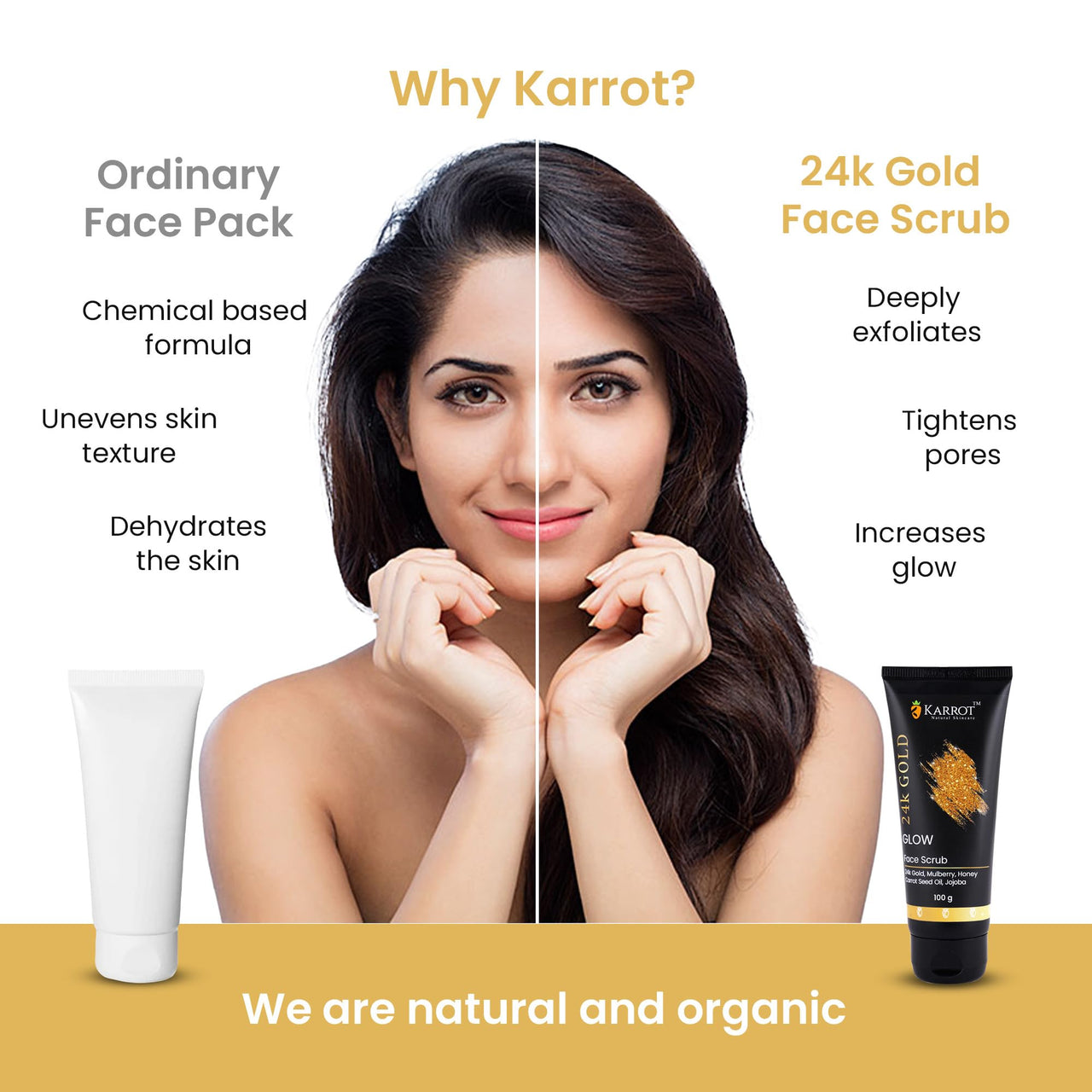 Karrot Natural Skincare Scrub for Face 24K Gold, Cream for Pore Tightening, Boosts Glow and Radiance, Smoothens Texture, Contains Mulberry, Honey, Jojoba Oil, For Men and Women, All Skin Types, 100gms