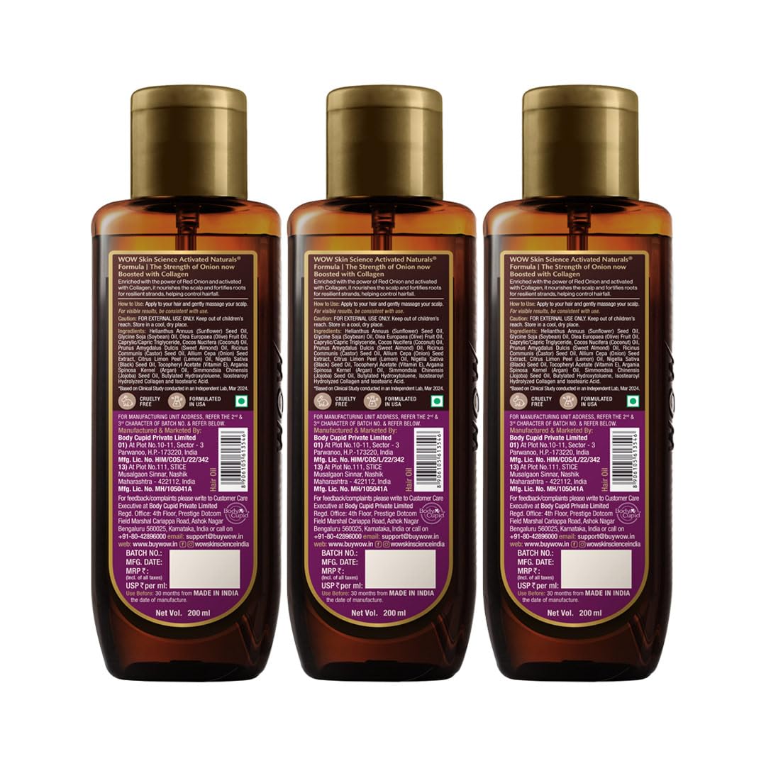 WOW Skin Science Onion Hair Oil |for Hair Growth and Hair Fall Control| With Black Seed Oil Extracts|200 ml|Pack of 3