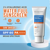 Glamveda Ultra-Light SPF 60 PA+++ Sunscreen 50 ml | Water-Full Hydration with 1% Hyaluronic Acid, Ceramides, Peptides & Niacinamide | Broad Spectrum | Anti-Aging, No White Cast, All Skin Types