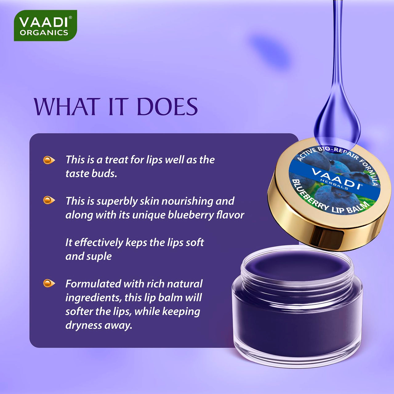 Vaadi Herbals Lip Balm, Blueberry, 10g