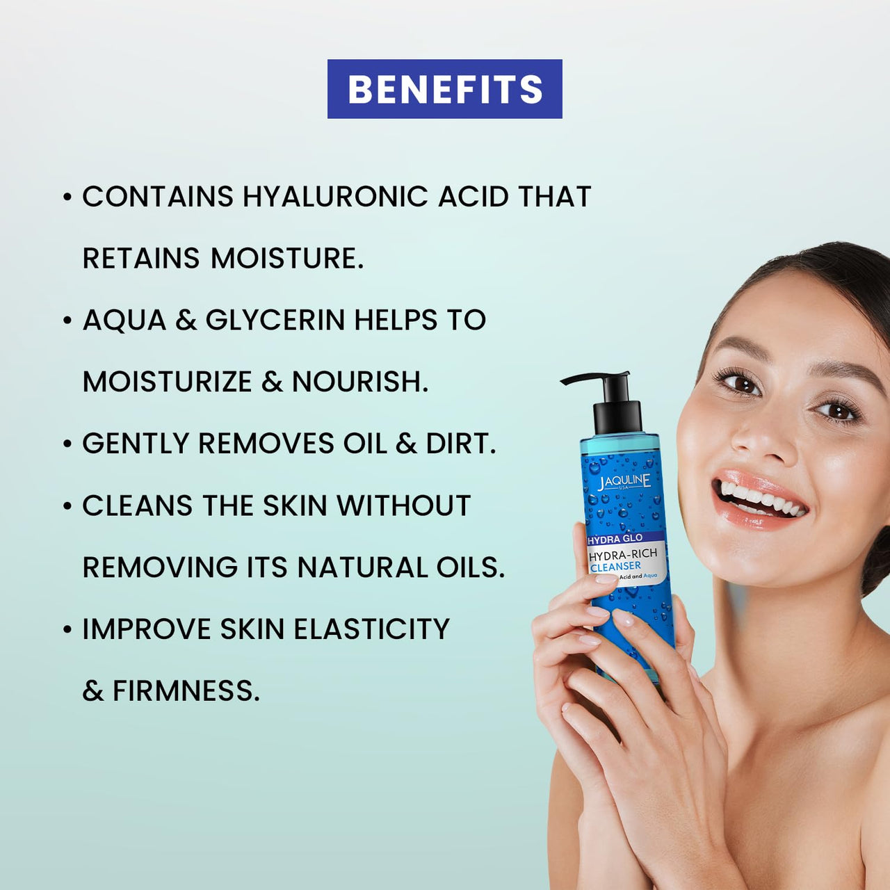 Jaquline USA Hydra Glo Hydrating Face Wash|Face Cleanser, with Hyaluronic Acid, for Women, Men | Pore Cleansing | Dirt Control | Makeup Remover | Cleanser For All Skin Types - 200 ml
