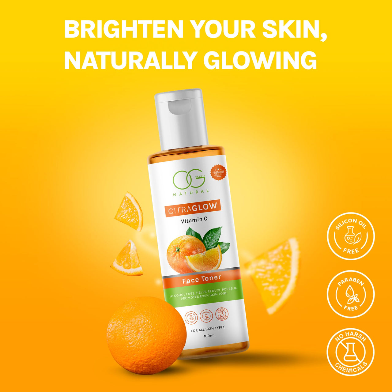 OG BEAUTY Natural CitraGlow Vitamin C Face Toner for Hydrating, Revitalizing, Tightening Pores, and Restoring pH Balance | Free from Alcohol, Paraben, Silicon Oil & Harsh Chemicals |100 ML