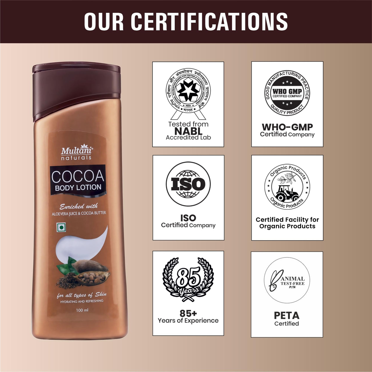 Multani Naturals Cocoa Body Lotion | Long Lasting Nourishment |Hydrating & Refreshing Skin| With Aloevera Juice & Cocoa Butter | Suitable for Normal to Dry Skin | Non Sticky & Non Greasy Lightweight Body Lotion - 100 ML (Pack of 2)
