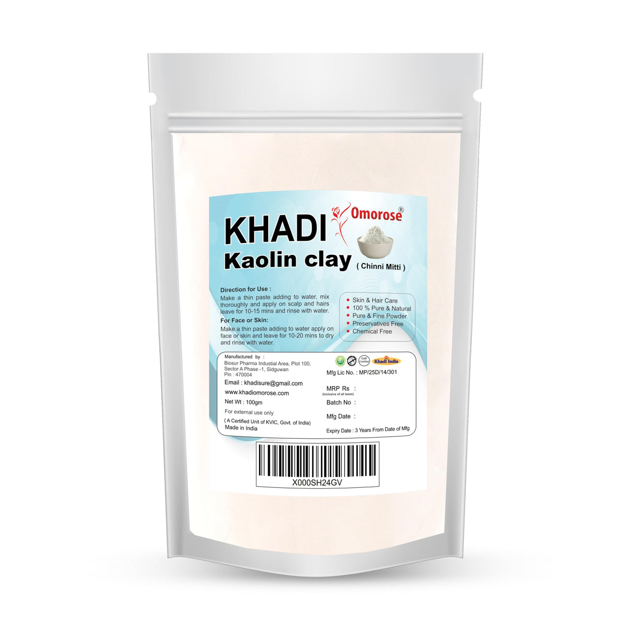 Khadi Omorose Kaolin Clay Powder, For Face, Body & Hairs, 100 Grams