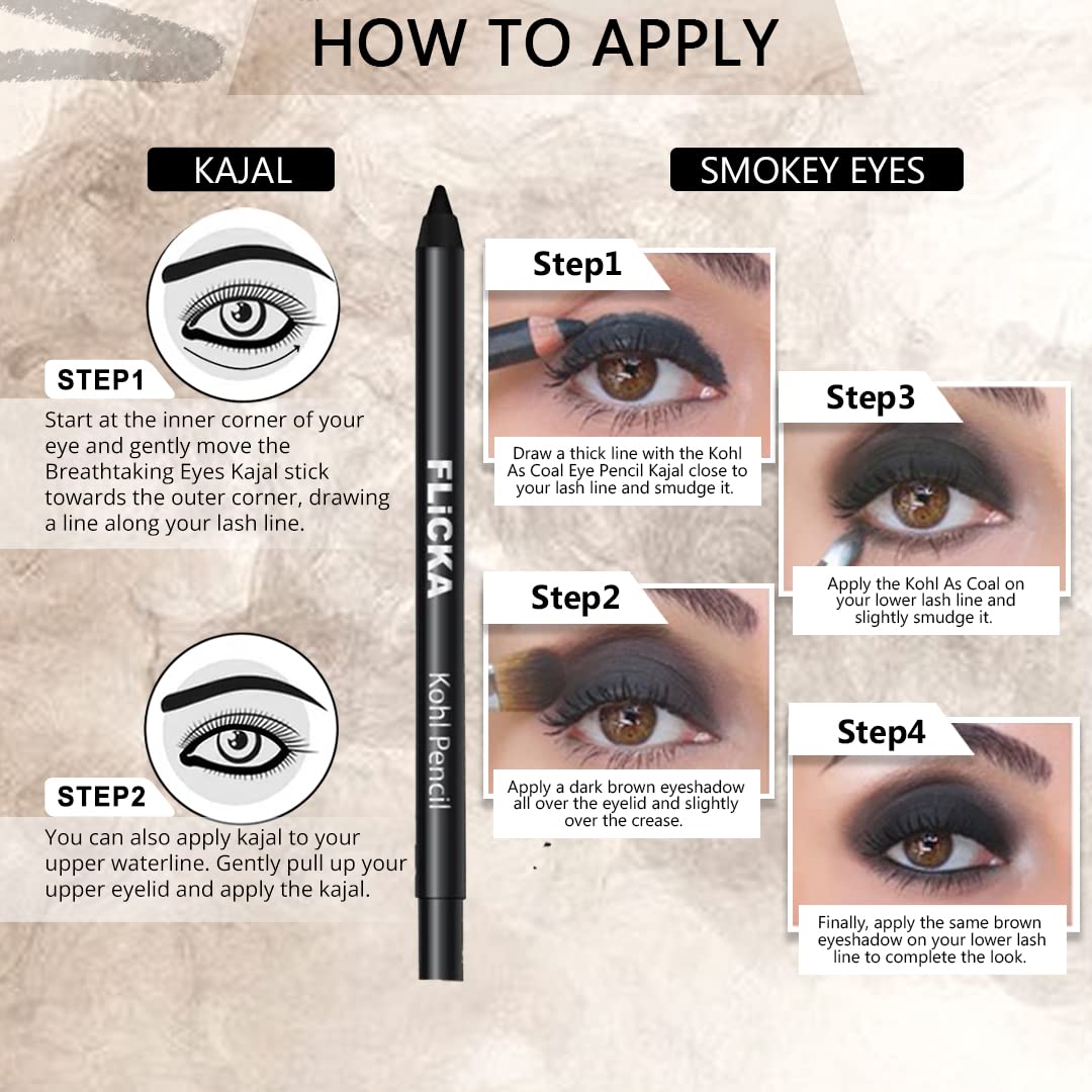 FLiCKA Kohl As Coal Kajal Pencil | Intense Black Waterproof Eyeliner | 24HR Long-Lasting Smudge-Proof Matte Finish | Eye Pencil for Women | 1.2g