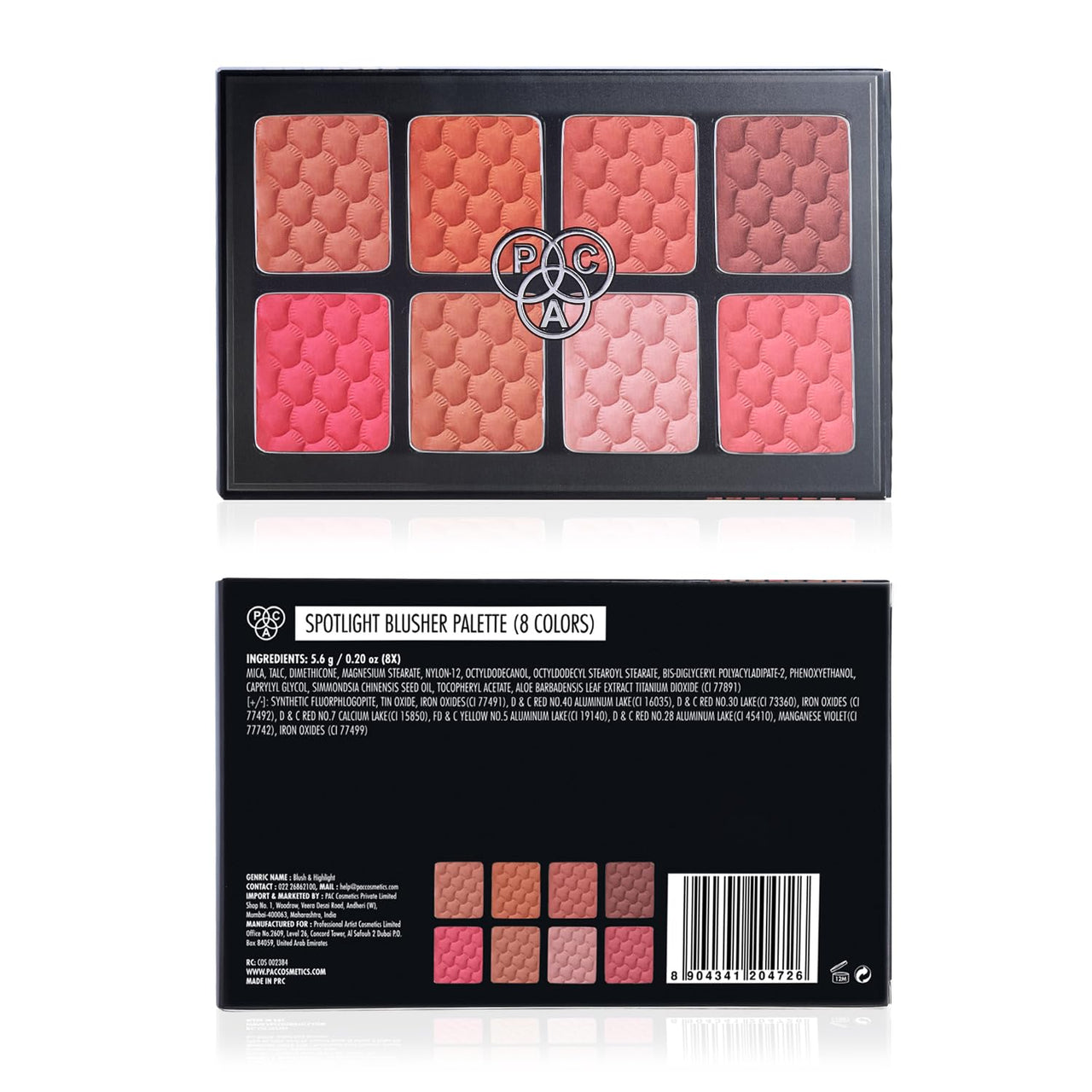 PAC Spotlight Blusher Palette x8 | Natural Brightening Lip Color Long Lasting Matte HD Finish Blush for Face Makeup | 8 Lightweight Glow Shades | Highly Pigmented & Blendable for All Skin Type - 6g