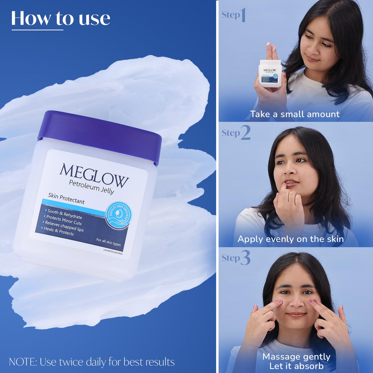 Meglow Moisturizing Petroleum Jelly | Deep Hydration & Skin Protection | Vitamin E Helps Lock in Moisture | Heal Dry Skin & Prevent Cracks for Soft, Smooth Skin- Pack of 2 (100g Each)
