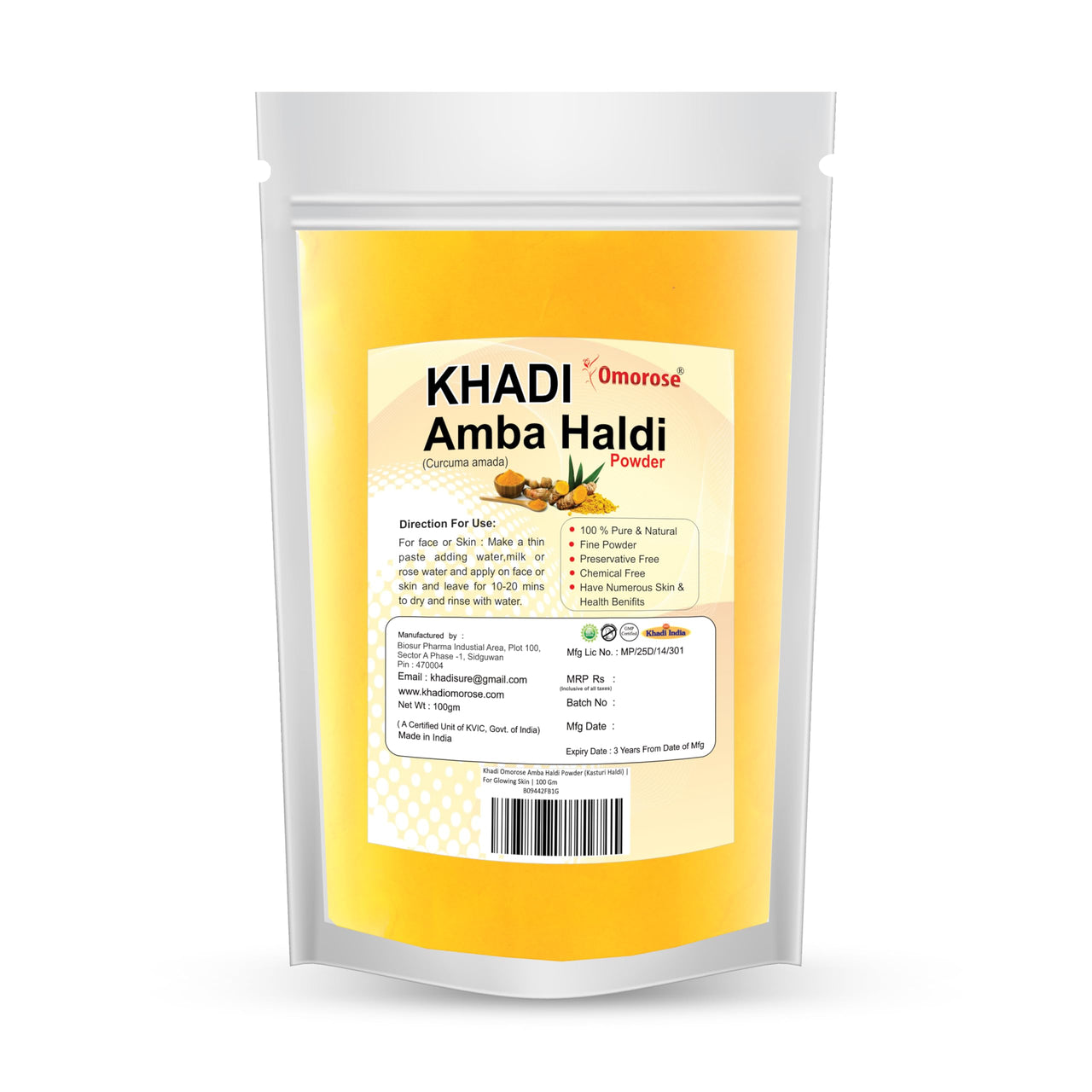 Khadi Omorose Kasturi Haldi (Amba Haldi) Powder | For Glowing Skin | 100 Gm