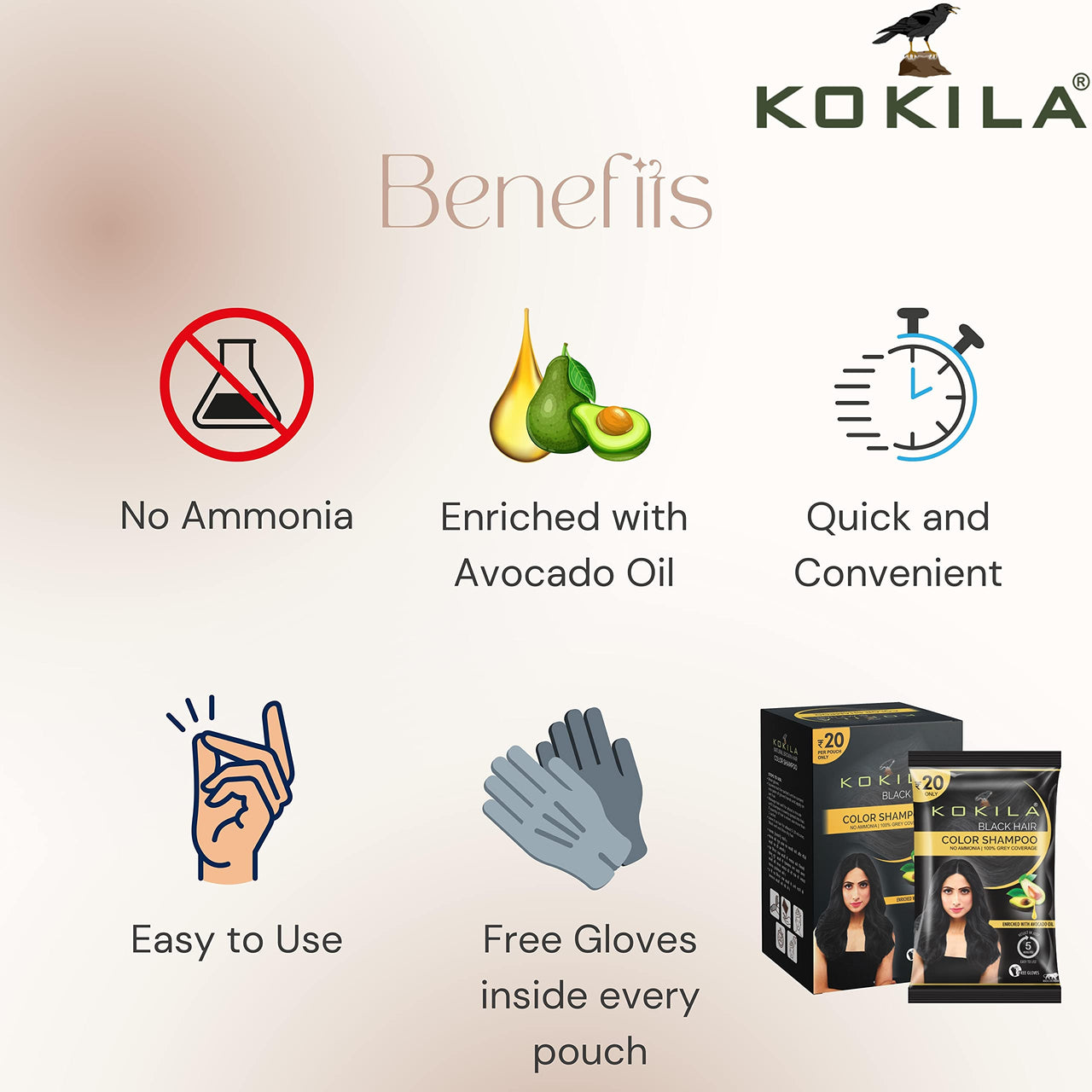 Kokila Unisex Hair Color Shampoo Enriched With Almond Oil in Just 5 Minute, Long-Lasting Instant Hair Color Black Pack of 15 (15ML Each)