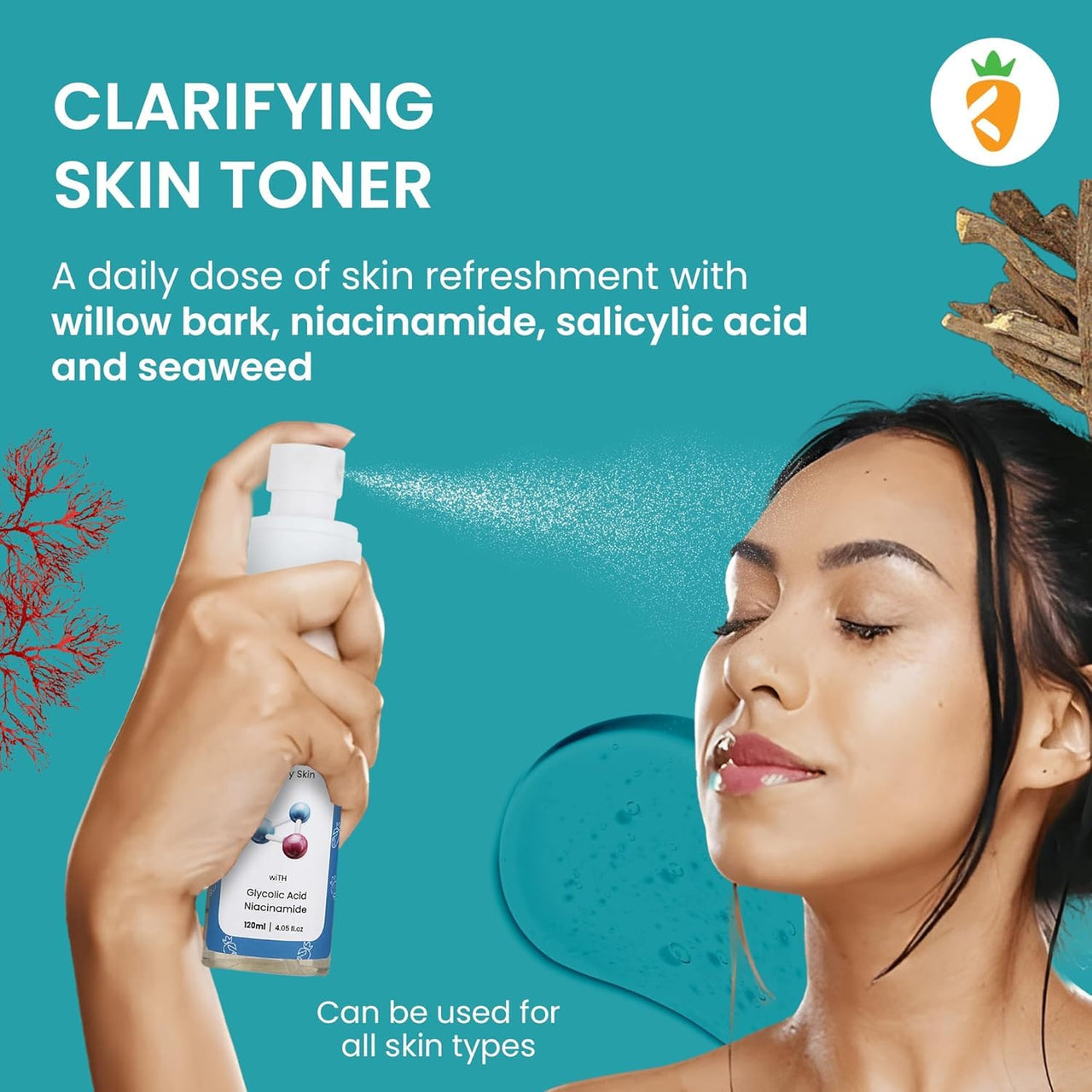 Karrot Natural Skincare AHA BHA Toner, Hydrating Face Spray Mist, Reduces Blackheads and Breakouts, Contains Glycolic Acid, Sulphate and Silicone Free, For Women and Men, All Skin Types, 120ml