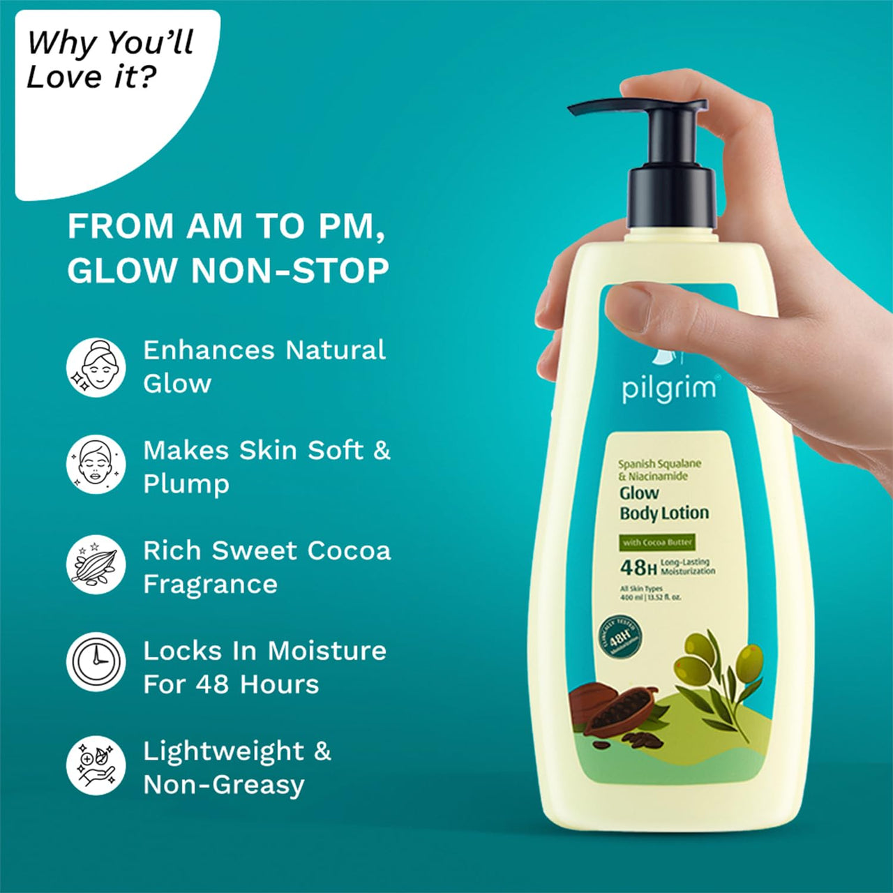 Pilgrim Spanish Squalane & Niacinamide 400 ML Glow Body Lotion | 48 H Moisturization | Body lotion for dry skin | Infused With Cocoa Butter | Non-greasy Formula | For All Skin Types